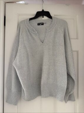 Karl Lagerfeld Women's Silver-Thread Light Gray V-Neck Sweater